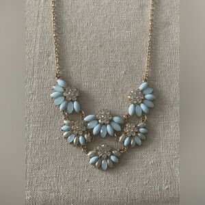 Mint Blue Floral Statement Bib Necklace – Gold-Tone Rhinestone Flower Collar
